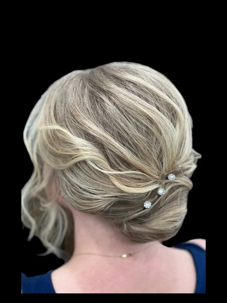Wedding guest updo with pearl pins at Hairmess Salon