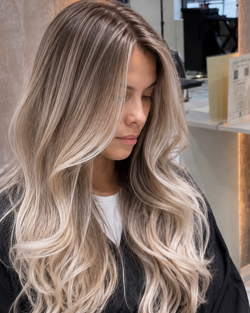 Soft blonde balayage with long waves at Hairmess Salon