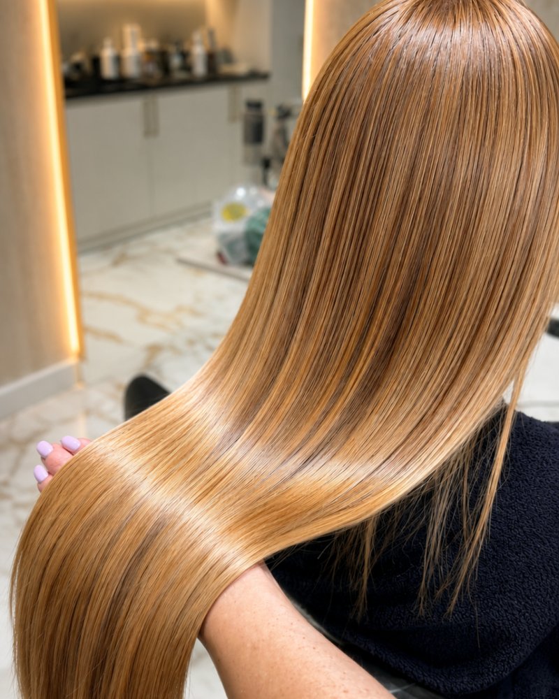 Long straight golden-brown hair at Hairmess Salon