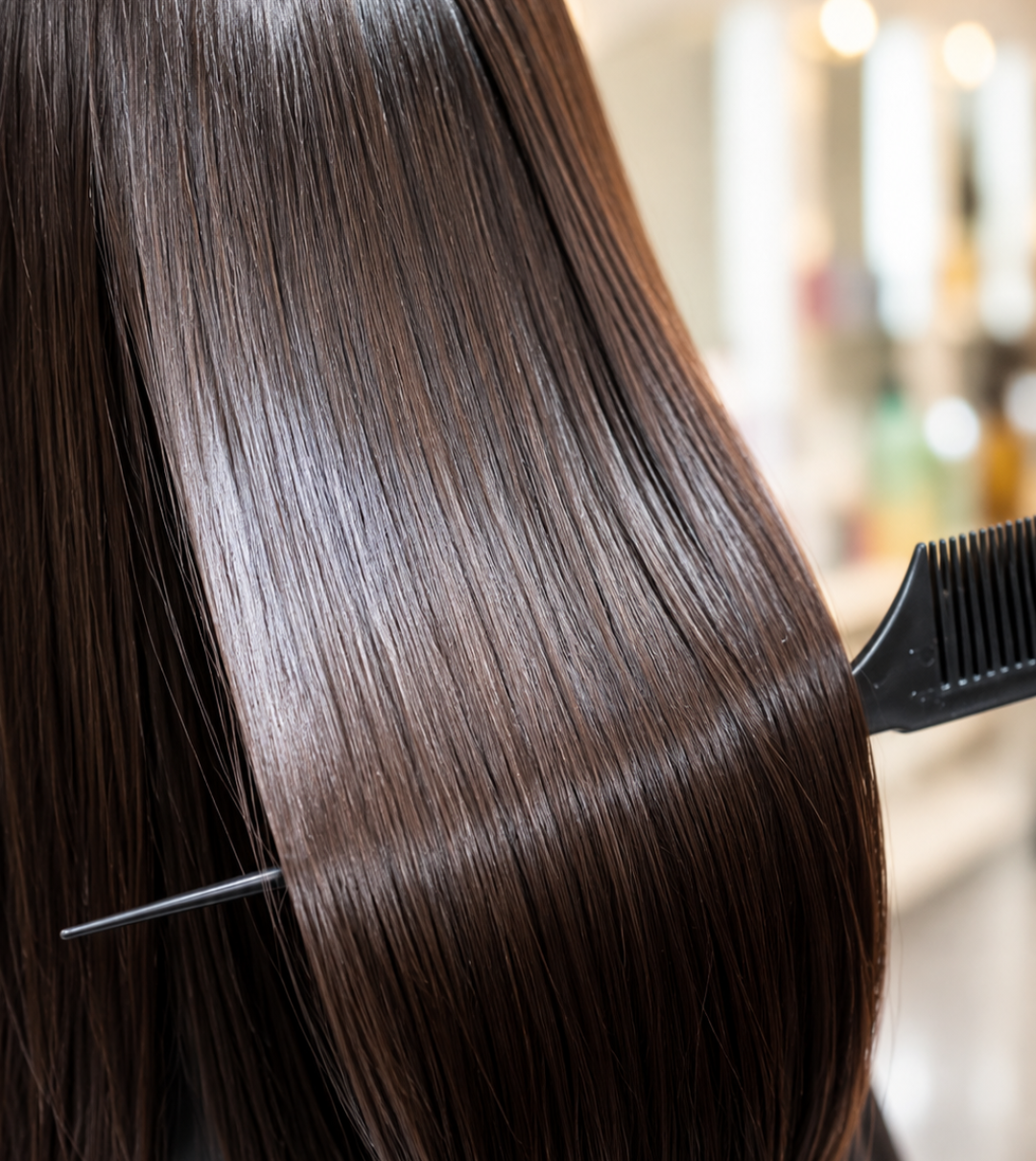 Glossy dark hair after keratin smoothing